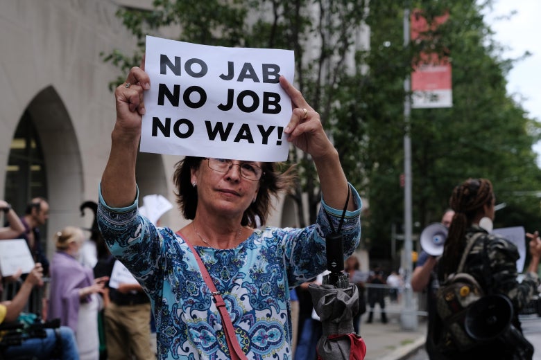 A small group of anti-vaccination protesters gather outside of New York-Presbyterian Hospital on September 1, 2021 in New York City.