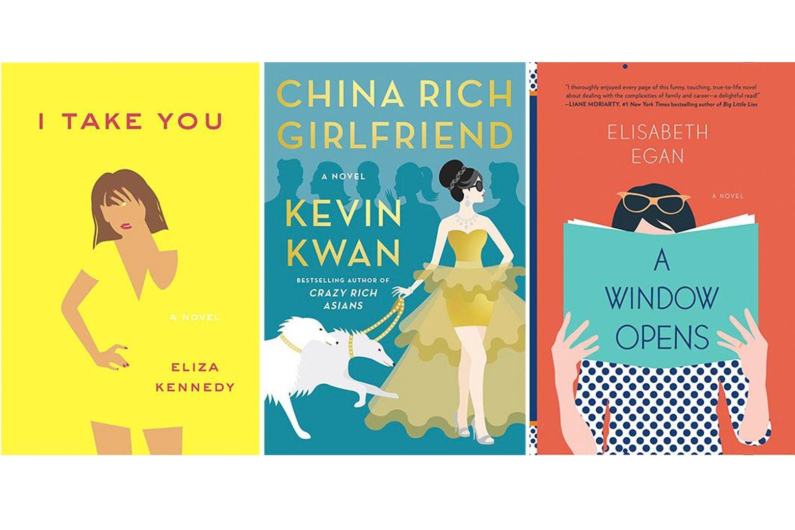 The covers of I Take You, China Rich Girlfriend, and A Window Opens.