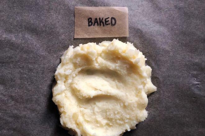A dollop of mashed potatoes labeled Baked.