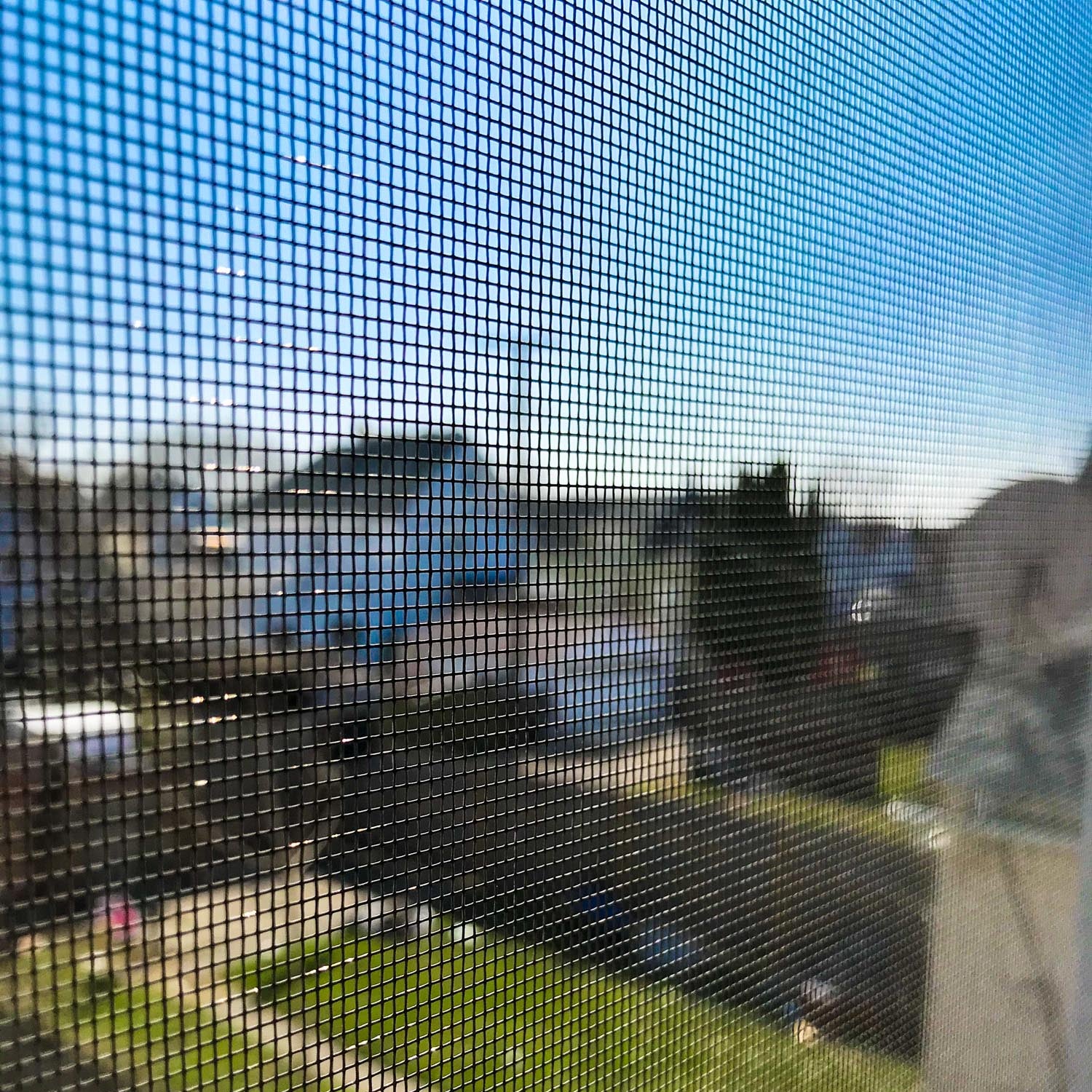 A window screen over a view of suburban backyards and homes