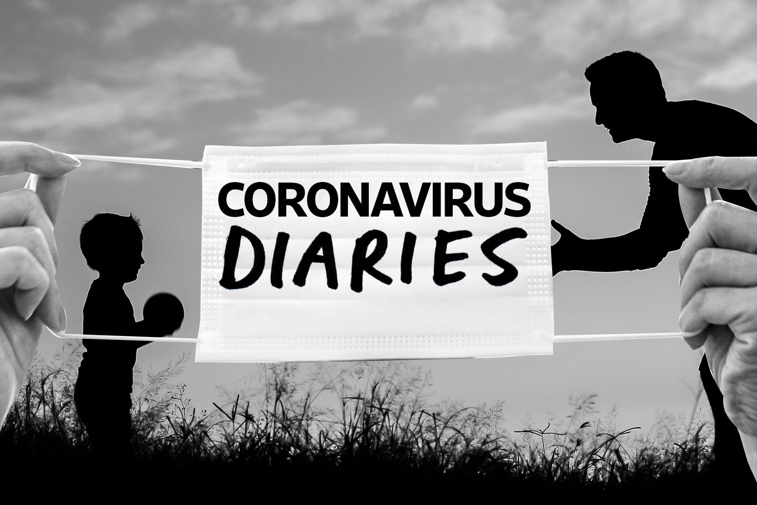 A mask that says "Coronavirus Diaries" over an image of a father and child playing catch outside.
