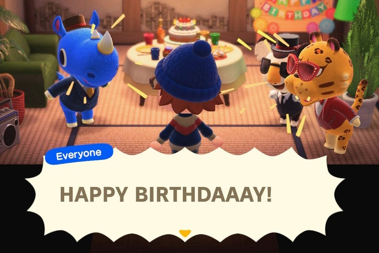 Three animal characters shout HAPPY BIRTHDAY at a human character with his back to the screen in a tatami-covered room.