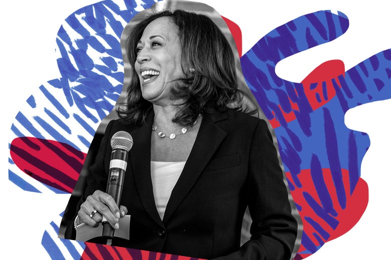 Kamala Harris smiling, holding a mic.