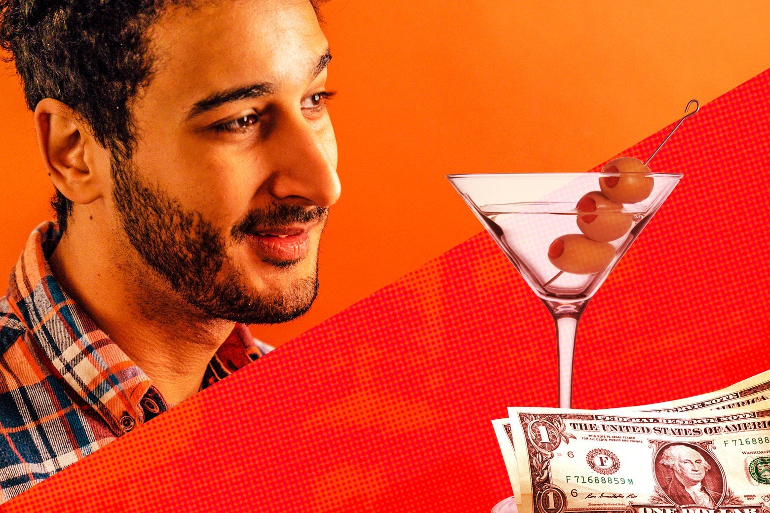 Aymann Ismail and a Martini with cash next to it.