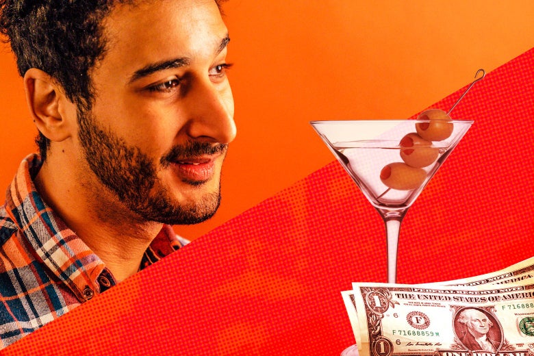 Aymann Ismail and a Martini with cash next to it.