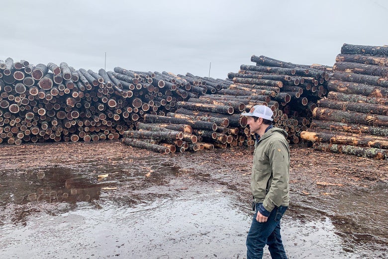 Alden Robbins stands in front of tall piles of logs on a cloudy day