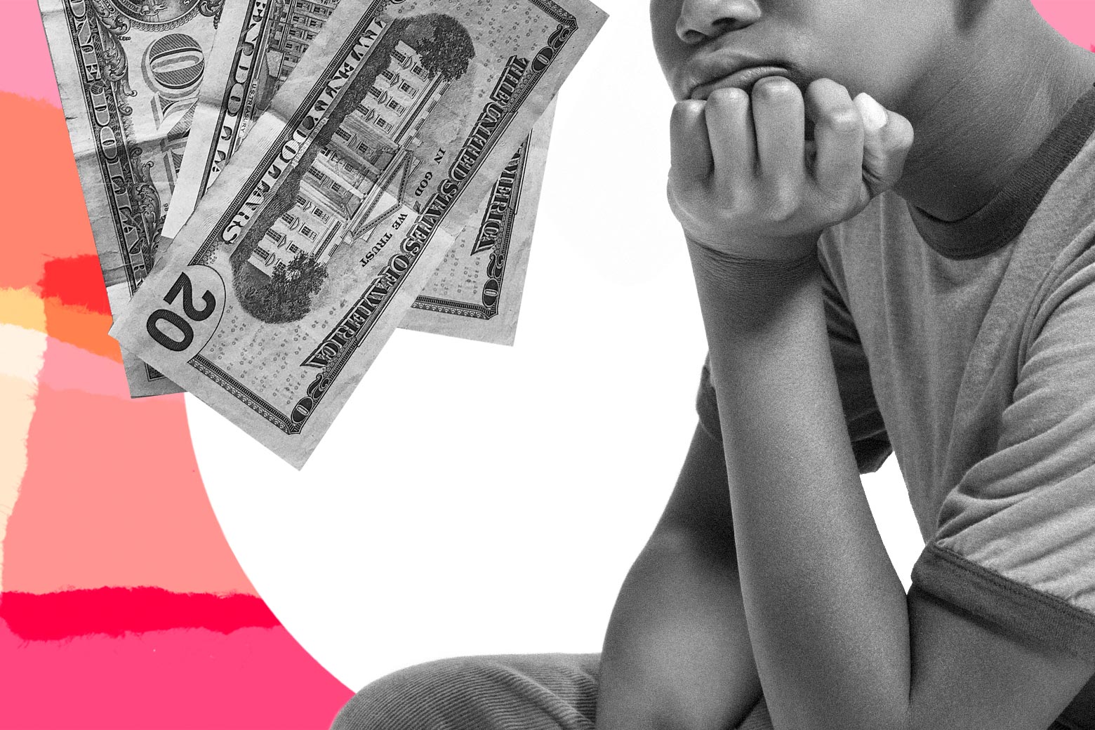 Black male teenager in a t-shirt resting his head on his hand next to a pile of money.