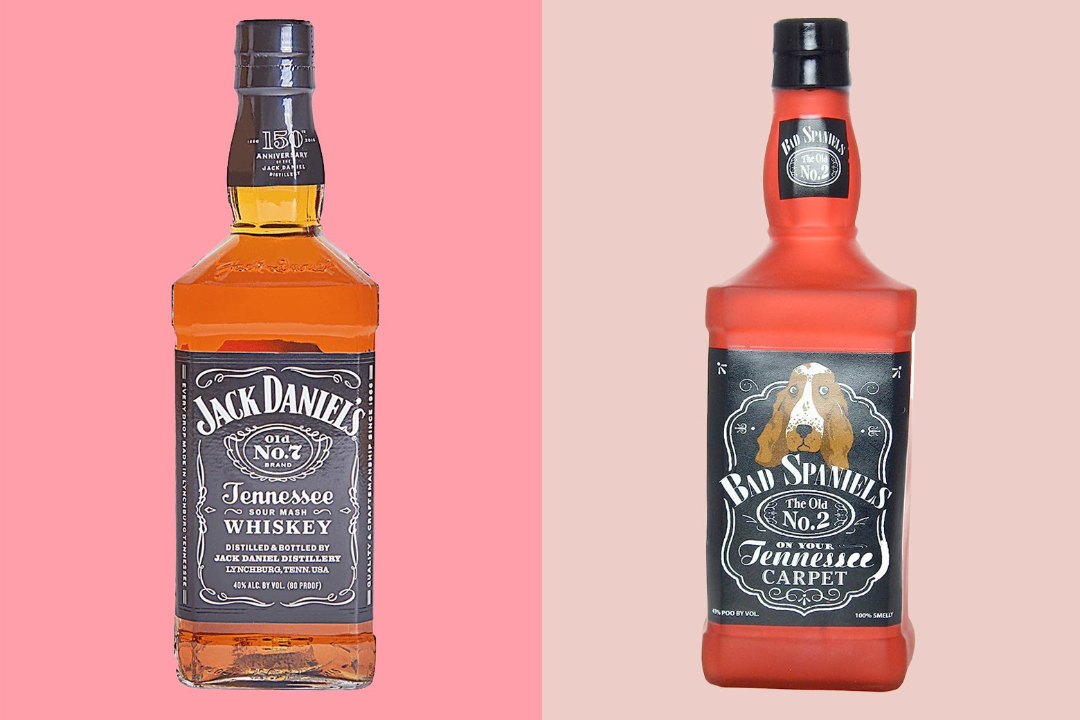 A side-by-side image of a bottle of Jack Daniel's No.7 Tennessee Whiskey and Bad Spaniels No.2 On Your Tennessee Carpet, a dog toy by VIP Products LLC, that was involved in a Supreme Court battle of trademark infringement. 
