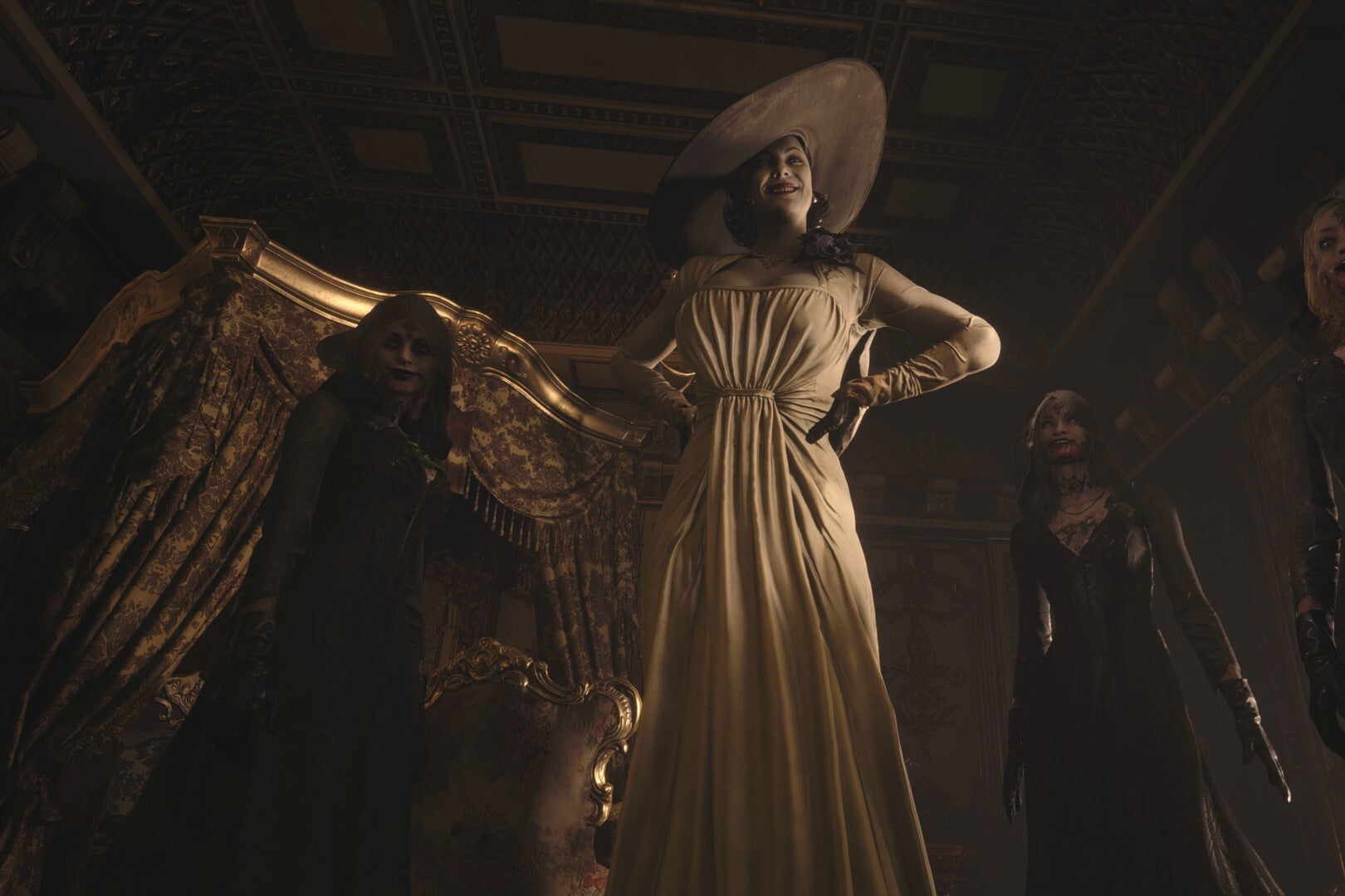 A tall woman with a floppy hat and a white dress stands among a crowd of zombies. They are all washed in a sepia tone. 