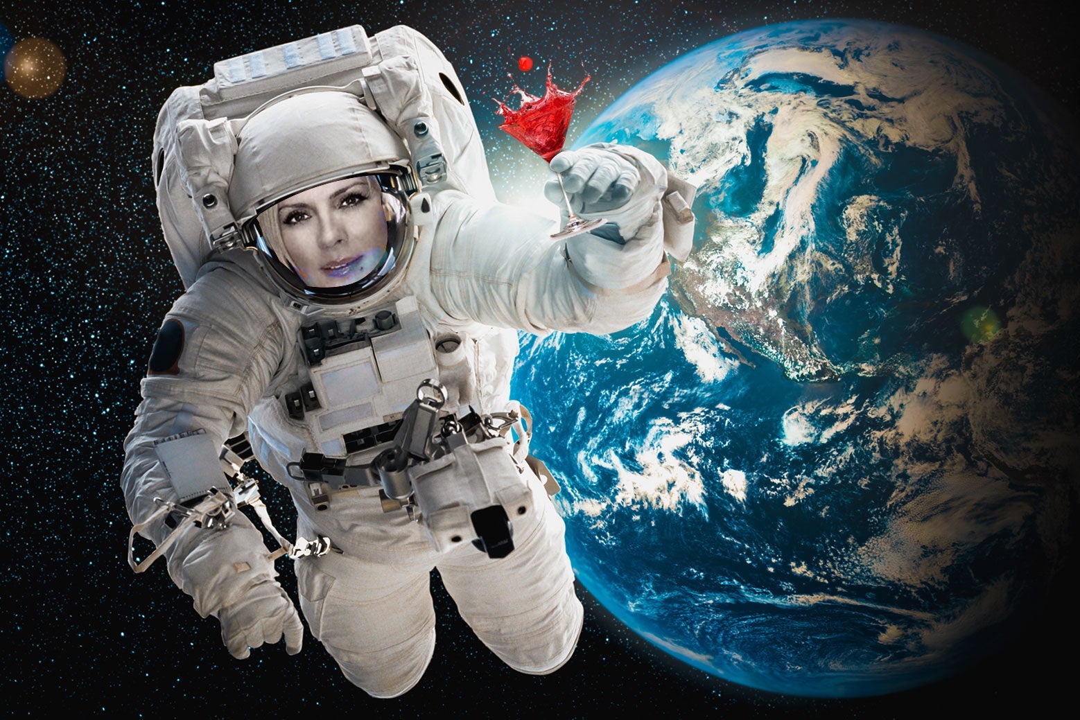 Kim Cattrall in an astronaut's suit in space. 