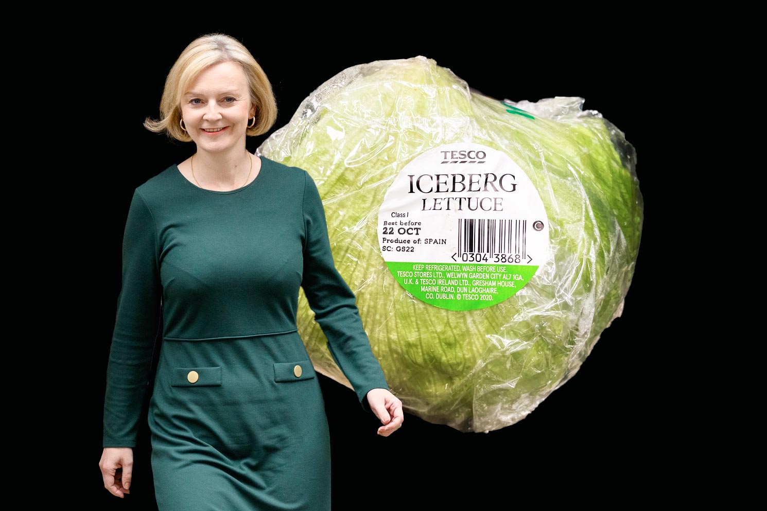 A collage of Liz Truss and a head of lettuce, identical to the one that outlasted her