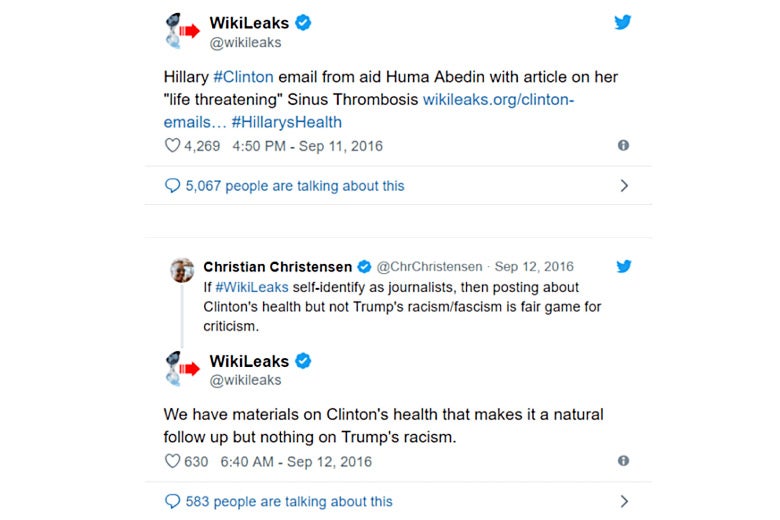 Screenshot of WikiLeaks tweets concerning Hillary Clinton’s health.