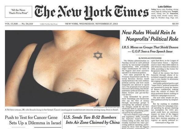 Nipple on the front page of the New York Times: Now what's that about the  breast cancer gene in Israel?
