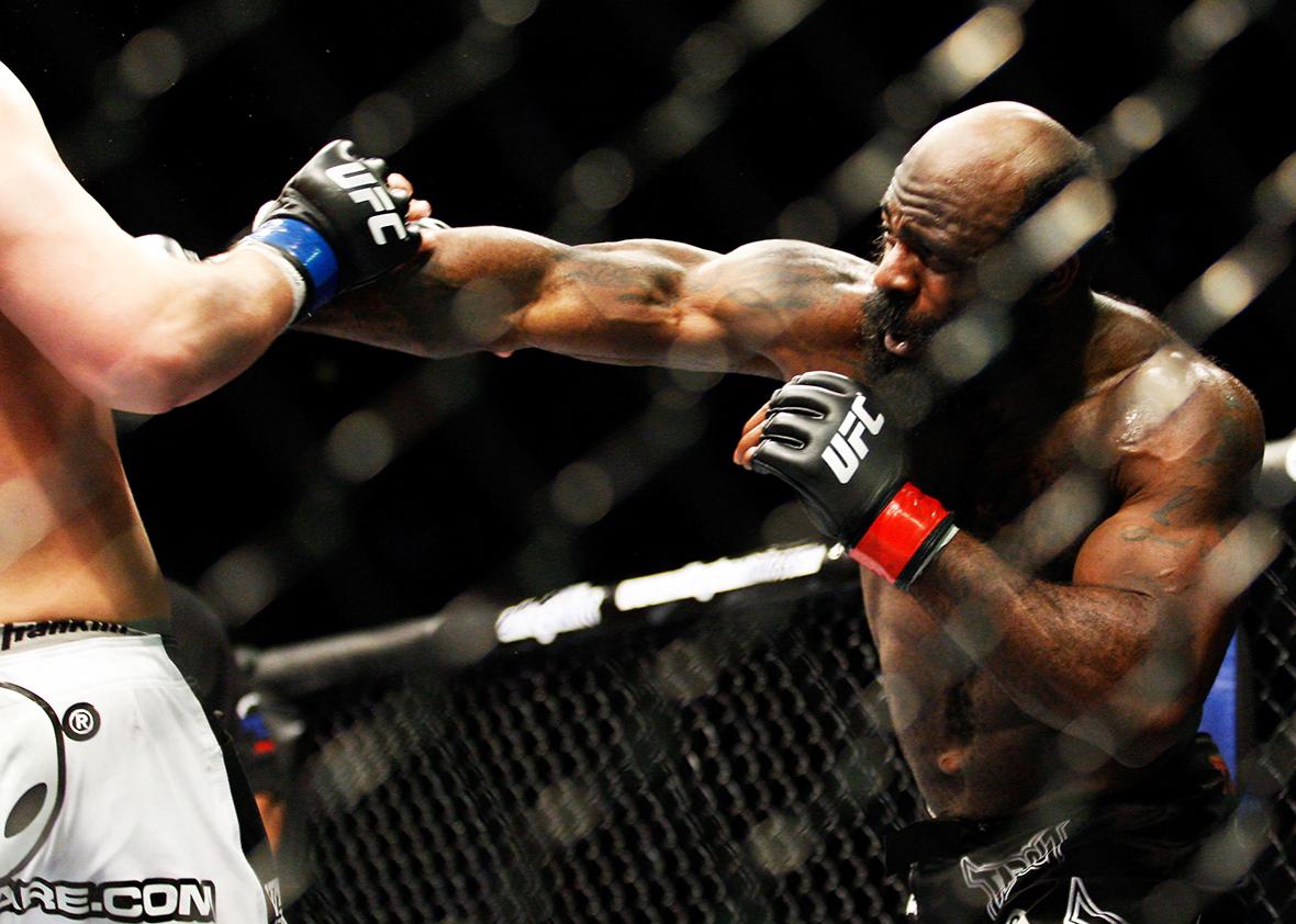 Kimbo Slice punches Matt Mitrione in their heavyweight bout at UFC 113 at Bell Centre on May 8, 2010 in Montreal, Quebec, Canada.