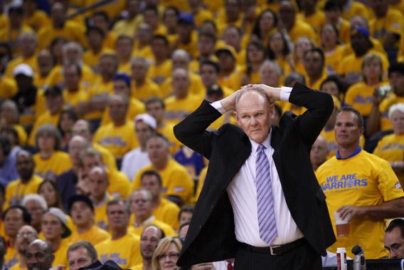 Denver Nuggets head coach George Karl reacts against the Golden State Warriors during Game 4 of their NBA Western Division quarter-final basketball playoff game in Oakland, California April 28, 2013.