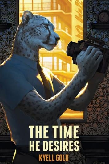 A leopard in a shirt and tie holds binoculars on the cover of The Time He Desires by Kyell Gold.