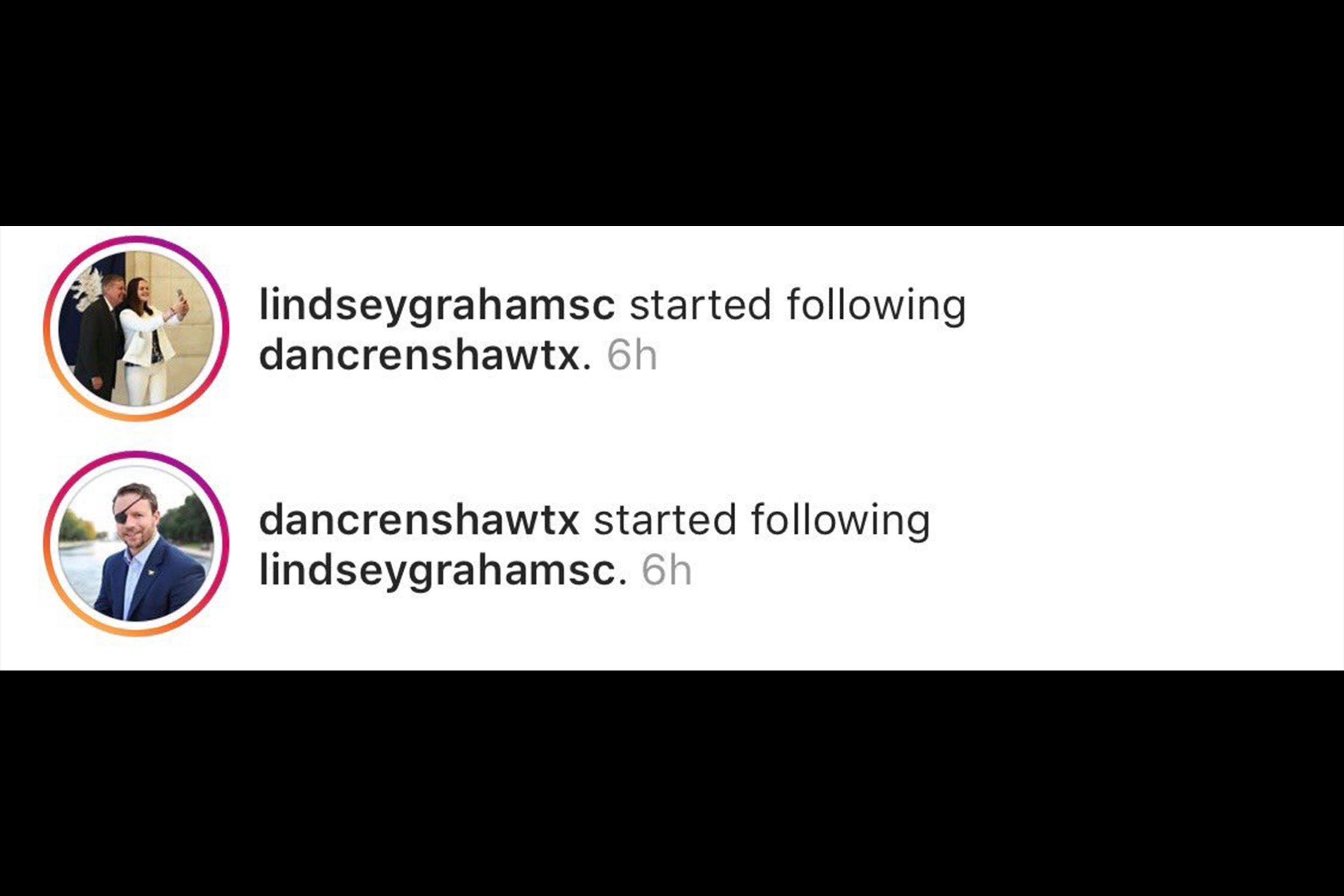 Lindsey Graham and Dan Crenshaw both follow each other at the same time on Instagram.