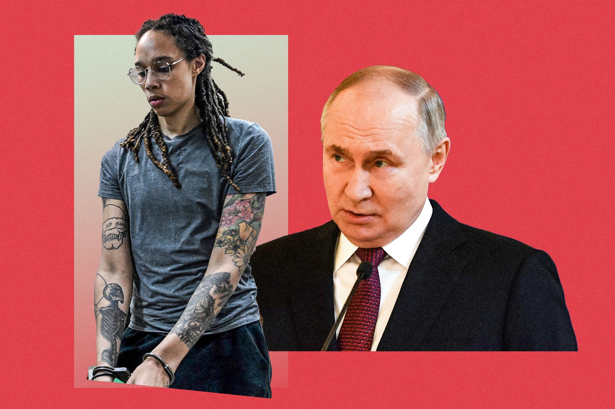 Brittney Griner in handcuffs on the left and Vladimir Putin on the right.