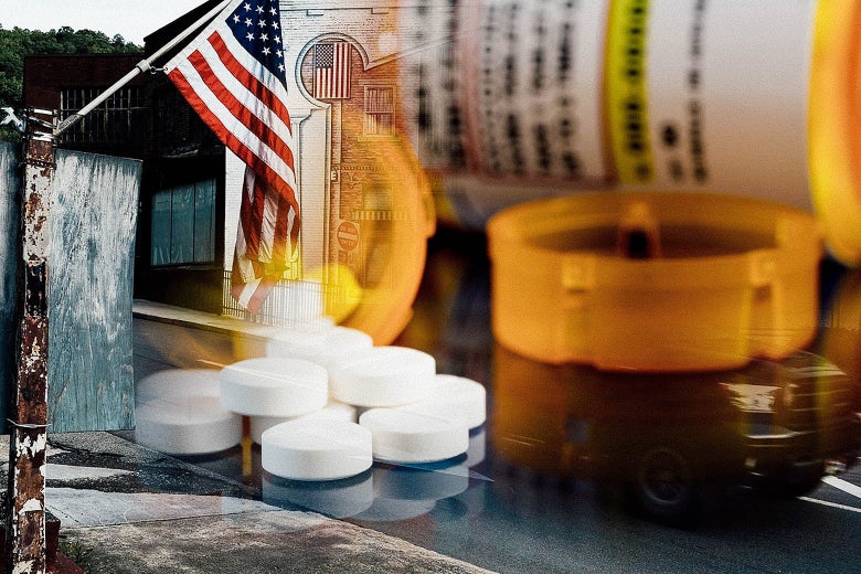 Photo of a rural West Virginia town with an American flag hanging outside a rusted building blending into a photo of oxycodone pills spilling out of a prescription bottle
