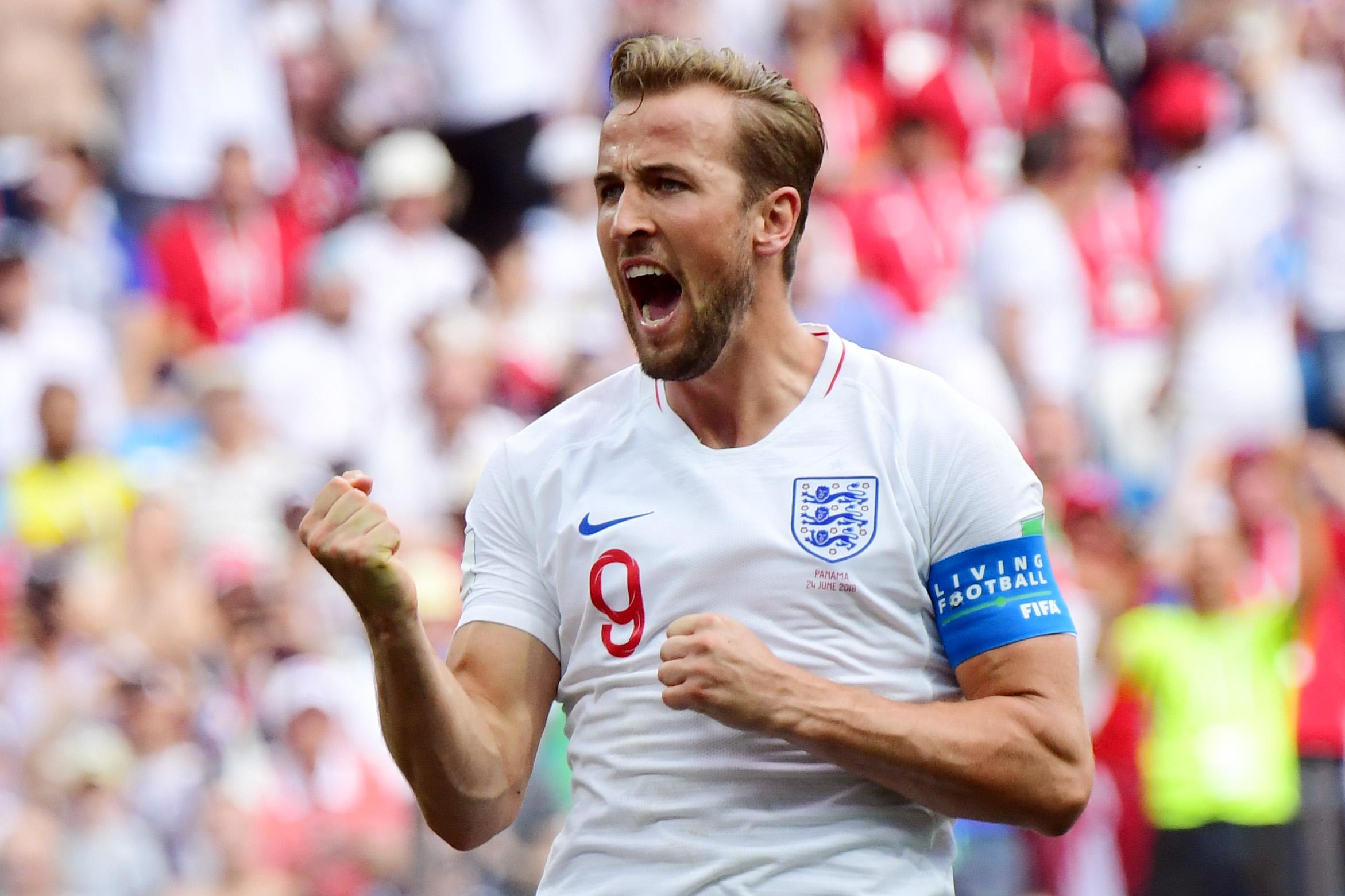 TOPSHOT - England's forward Harry Kane celebrates after scoring his team's fifth goal during the Russia 2018 World Cup Group G football match between England and Panama at the Nizhny Novgorod Stadium in Nizhny Novgorod on June 24, 2018. (Photo by Martin BERNETTI / AFP) / RESTRICTED TO EDITORIAL USE - NO MOBILE PUSH ALERTS/DOWNLOADS        (Photo credit should read MARTIN BERNETTI/AFP/Getty Images)