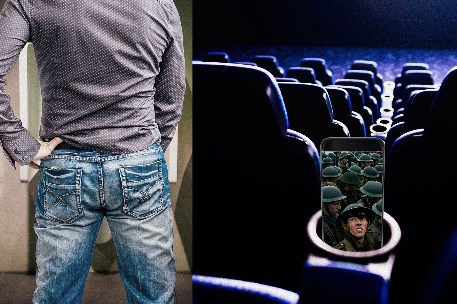 Photo illustration: A man stands in front of a urinal as a split-screen image shows his cellphone with a scene from Dunkirk on it in the theater.