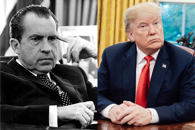 Side-by-side photo illustration of Richard Nixon and Donald Trump, each looking pensively into the distance.