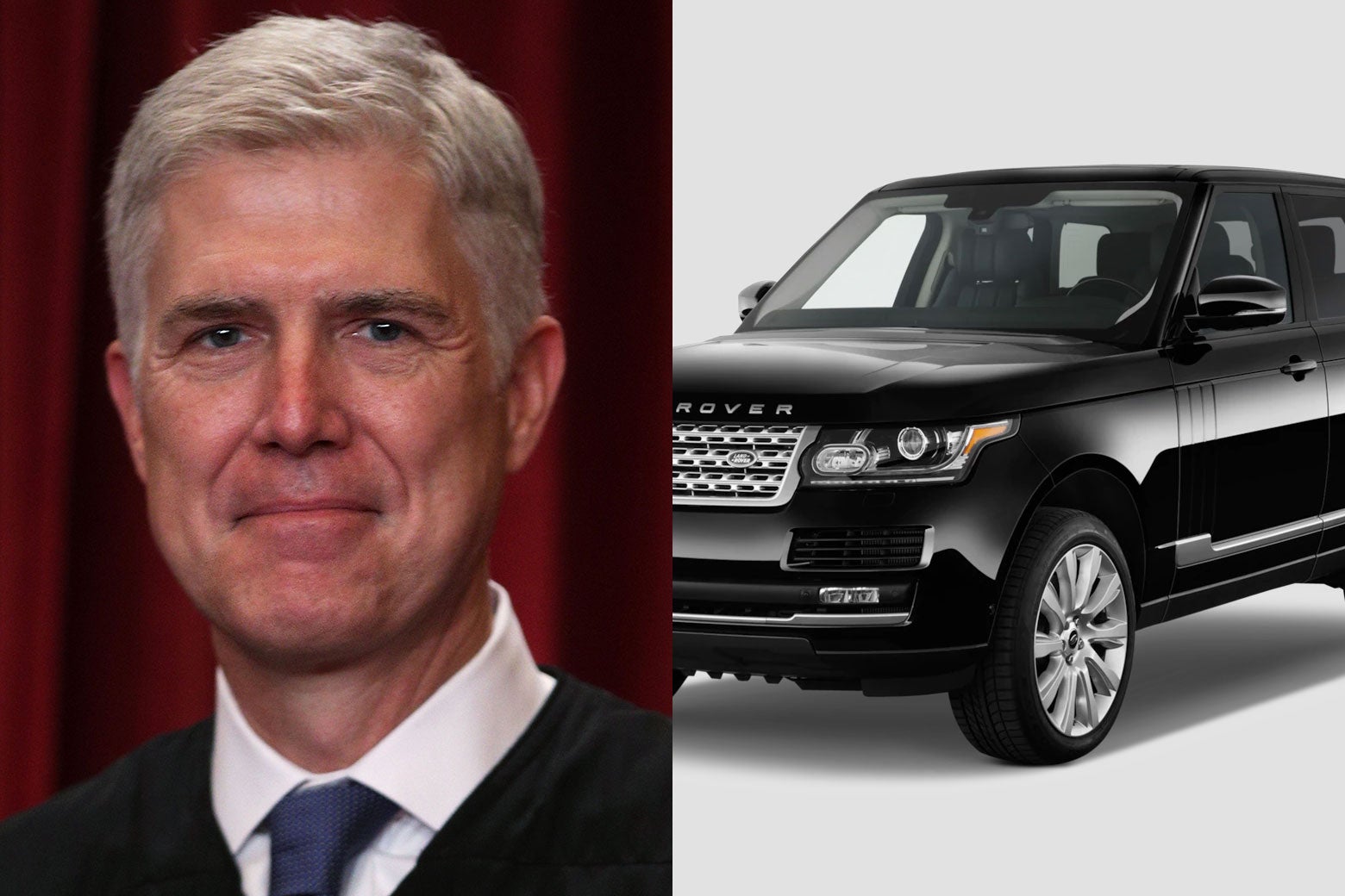 side-by-side photos of Neil Gorsuch and a Land Rover.