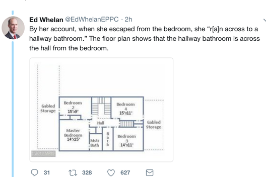 A tweet about the alleged floor plan of Kavanaugh's classmate's house having a bathroom near a bedroom as Ford described in her account of the alleged assault.