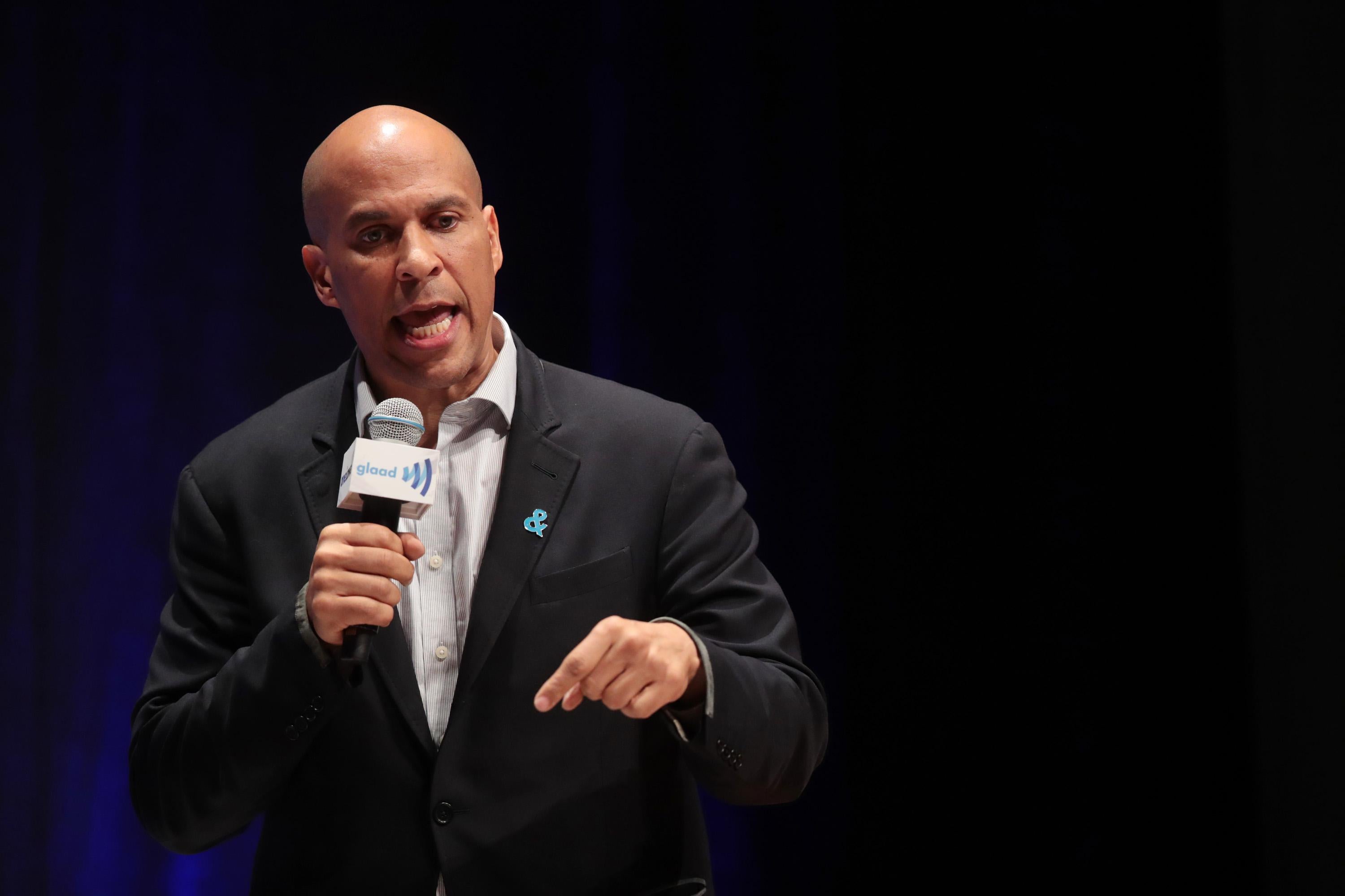 Democratic presidential candidate and New Jersey senator Cory Booker speaks at an LGBTQ presidential forum at Coe College’s Sinclair Auditorium on September 20, 2019 in Cedar Rapids, Iowa.