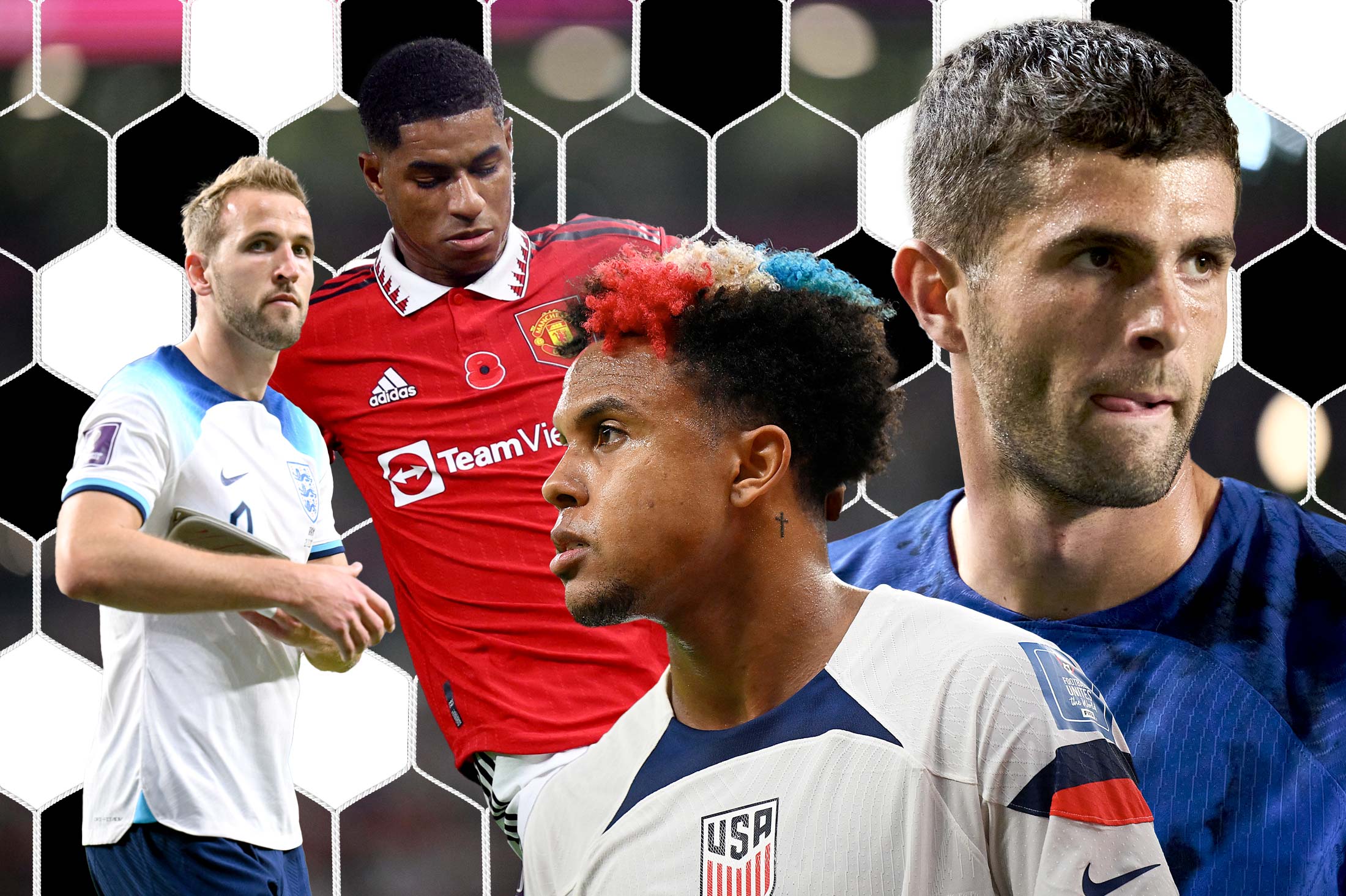 Harry Kane, Marcus Rashford, Weston McKennie, and Christian Pulisic in a collage, with the octagonal grid of a soccer net illustrated in a scrim behind them