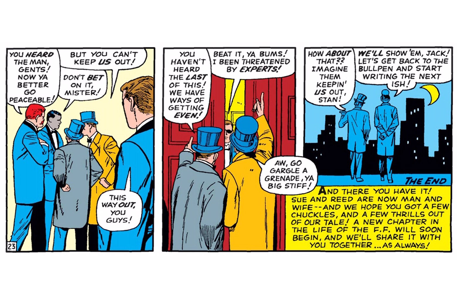 Stan Lee and Jack Kirby attempt to crash the wedding of Mr. Fantastic and the Invisible Girl.