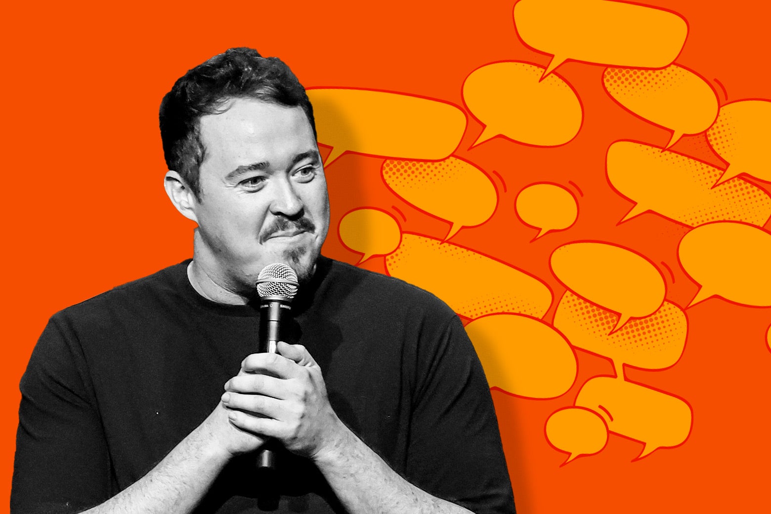 Shane Gillis in black and white, against an orange background with cartoon speech bubbles.