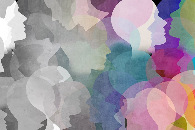 A collage of B&W heads and colorful heads fading into each other.