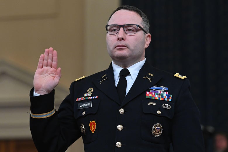 National Security Council Ukraine expert Lieutenant Colonel Alexander Vindman takes the oath on Nov. 19, 2019.