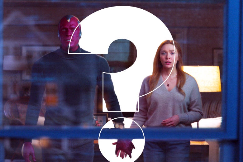 Wanda and Vision hold hands, covered by a question mark.