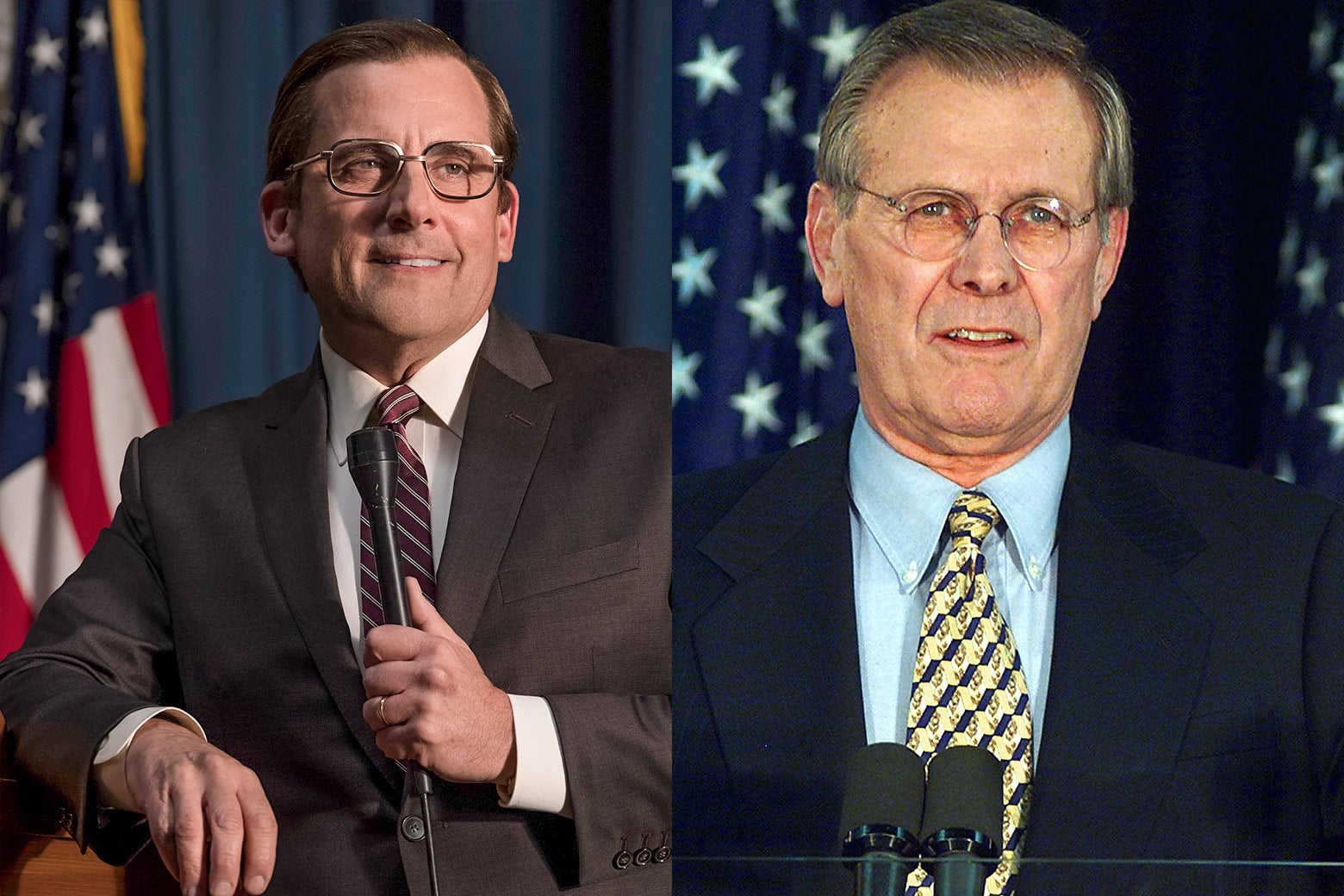 Side-by-side of Steve Carell and former Defense Secretary Donald Rumsfeld.