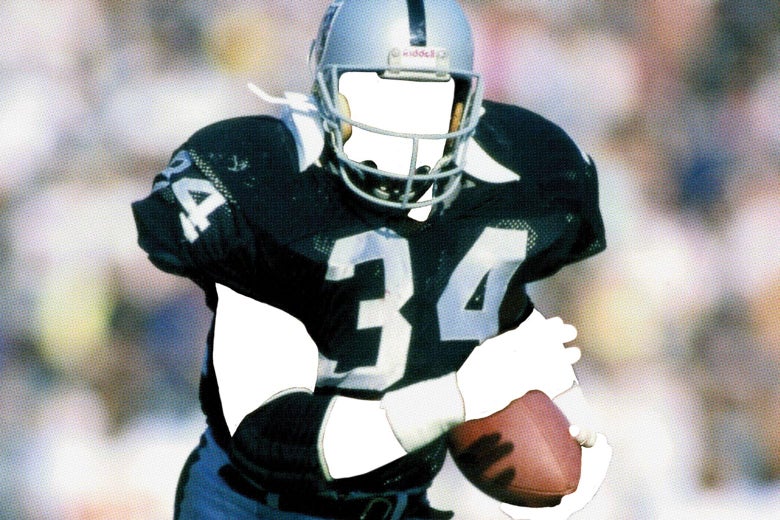 Bo Jackson, with his face whited out and blank, running with the football from his time on the Raiders.