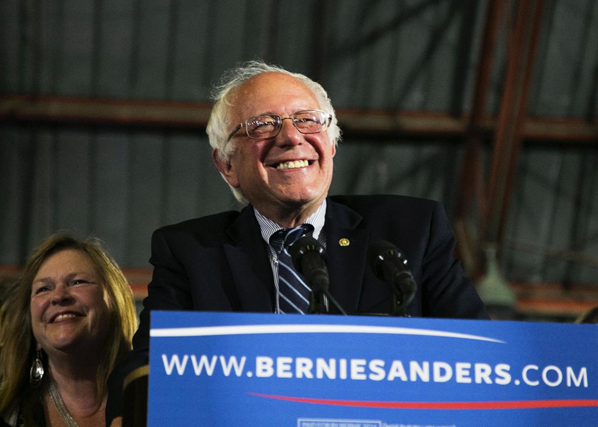 Democratic presidential candidate Sen. Bernie Sanders speaks at Barker Hangar on June 7, 2016 in Santa Monica, California.