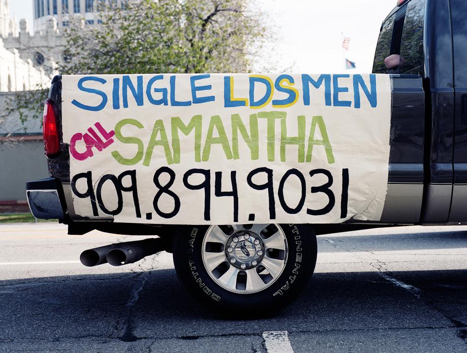 A truck drives around with a banner advertising a woman's singleness during LDS general conference in downtown Salt Lake City, Utah in April 2012. Marriage is incredibly important in the LDS church and for some single Mormon people who don't live in Utah, Conference is a great time to meet other young LDS people.