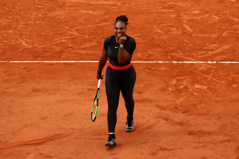 PARIS, FRANCE - JUNE 02:  Serena Williams of The United States celebrates victory during the ladies singles third round match against Julia Georges of Germany during day seven of the 2018 French Open at Roland Garros on June 2, 2018 in Paris, France.  (Photo by Cameron Spencer/Getty Images)