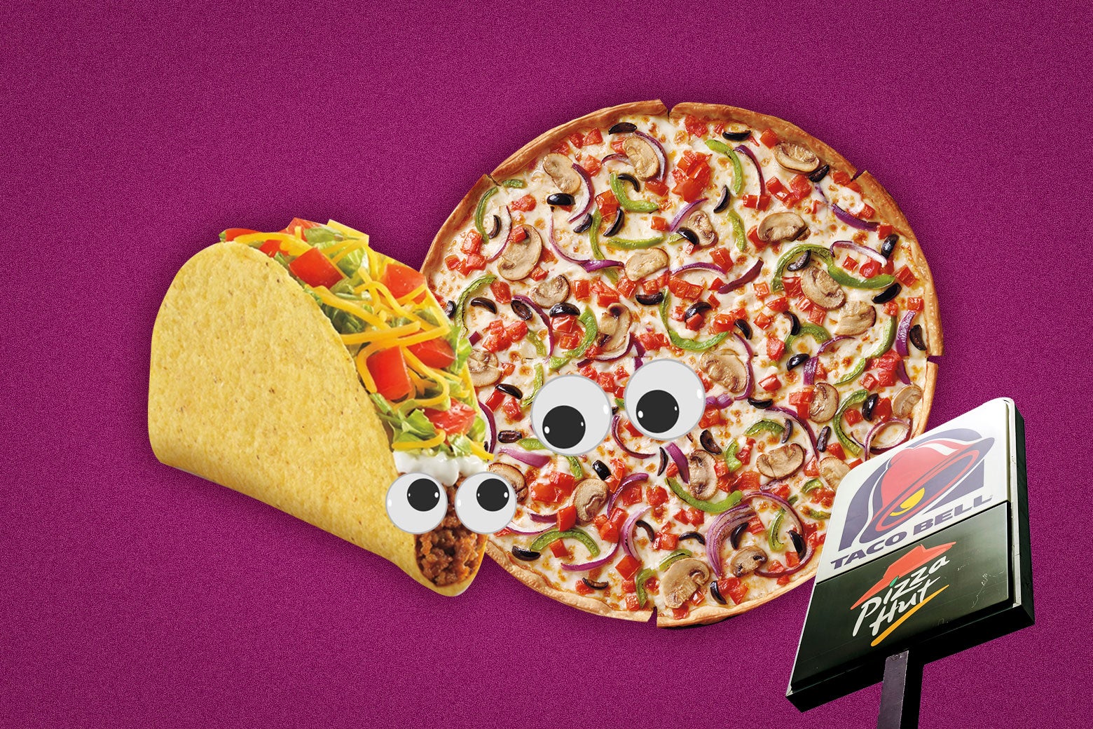 A taco and a pizza with stylized googly eyes snuggle close near a sign for a comination Taco Bell-Pizza Hut. 
