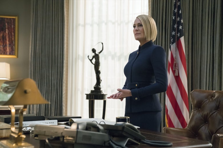 Robin Wright as Claire Underwood, standing in the Oval Office.