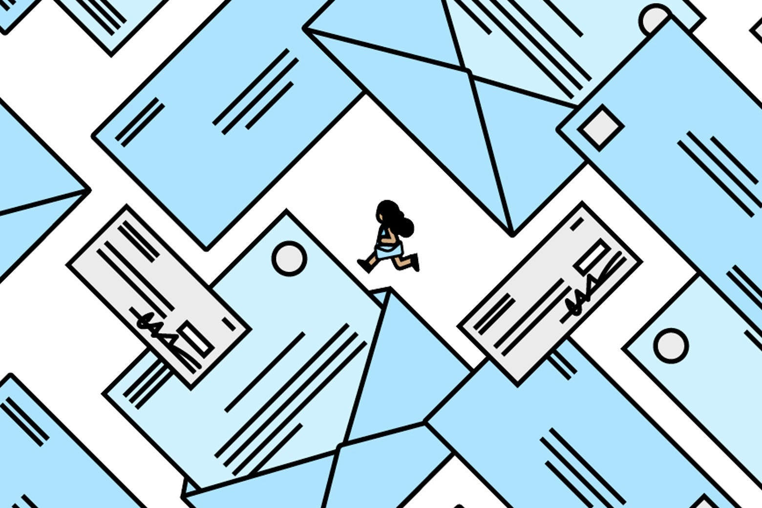 Illustration of a woman running amid an array of blue envelopes
