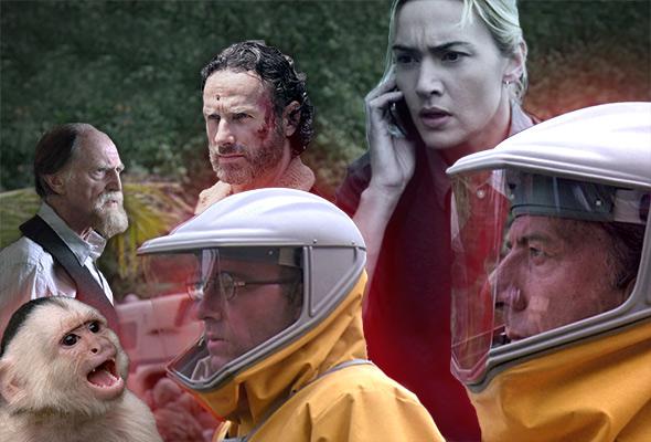Clockwise from top left: David Bradley in The Strain, Andrew Lincoln in The Walking Dead, Kate Winslet in Contagion, and Dustin Hoffman and Kevin Spacey in Outbreak