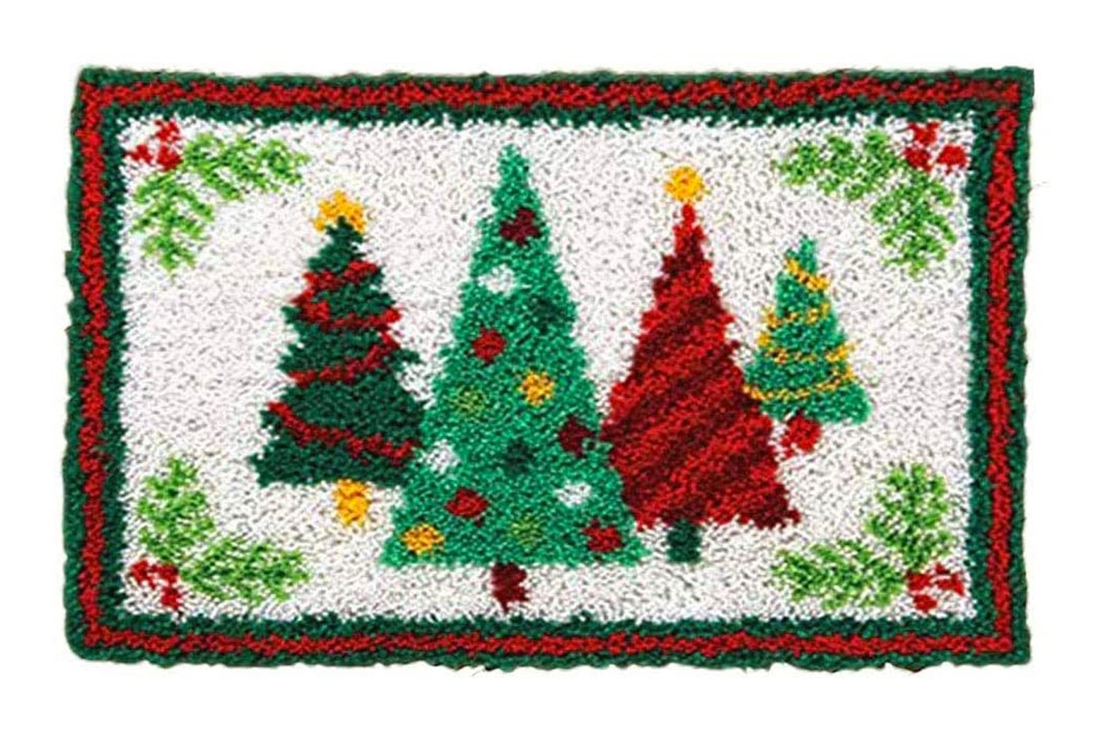 A rug with Christmas trees on it.