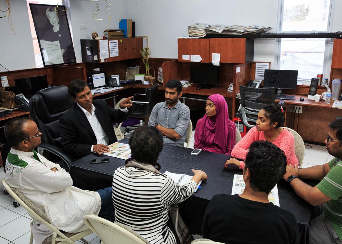 Reportes of Time Television, a bilingual station catering to New York City's Bangladeshi and South Asian community, gather for a pitch meeting at the station's office on September 30th, 2016 in Long Island City, New York.