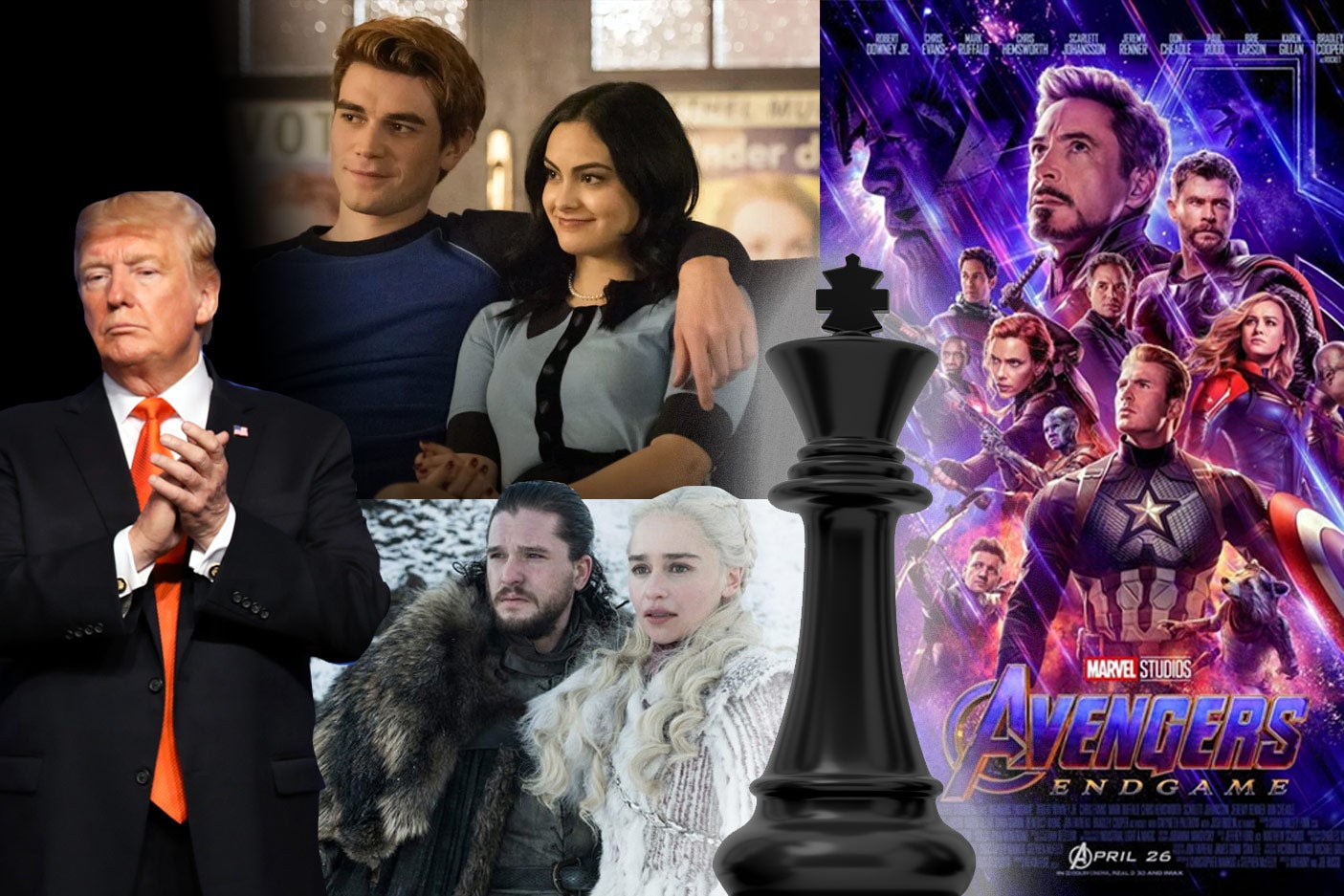 Photo collage of Donald Trump, Riverdale, Game of Thrones, Avengers: Endgame, and a chess king piece.