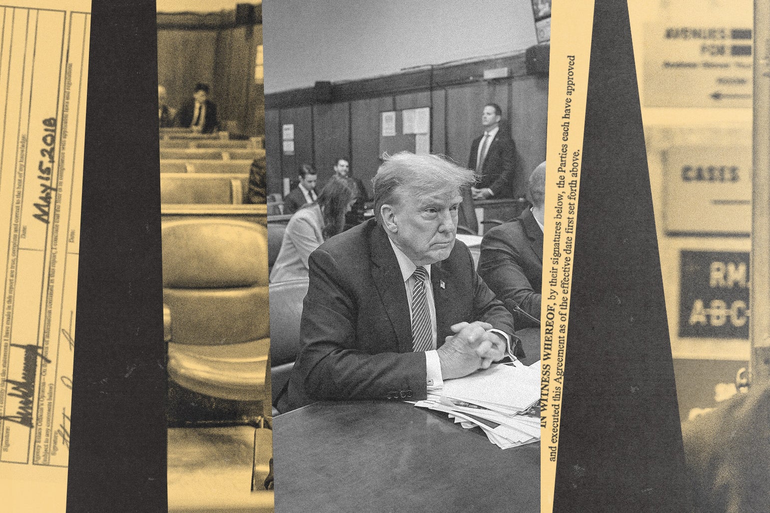 A collage of Donald Trump sitting in the courtroom, with gold-tinted documents around him.