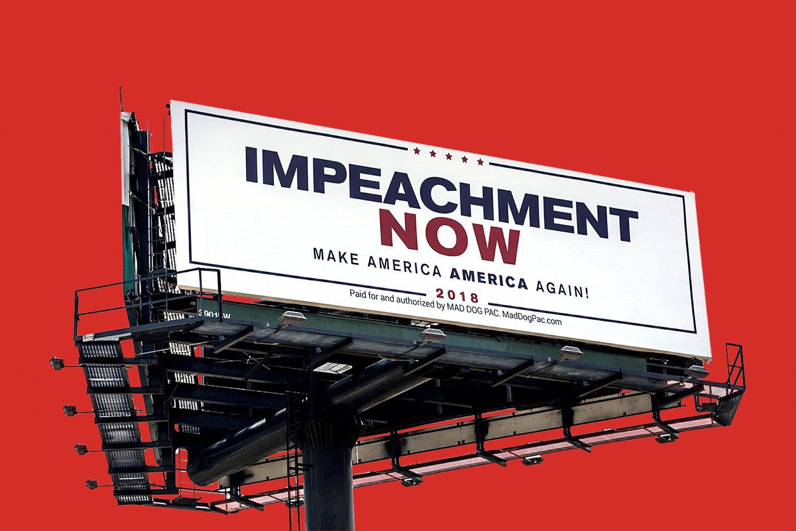 An "Impeachment Now" billboard against a blue and red blinking background.