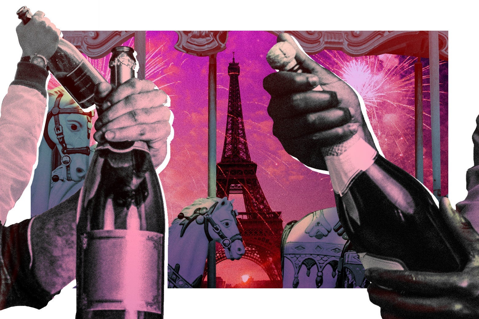 Hands hold Champagne bottles in front of a window that shows horses and the Eiffel Tower.